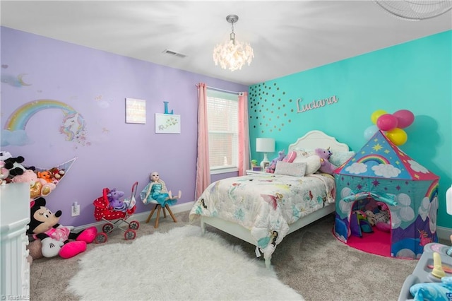 bedroom featuring visible vents, baseboards, carpet, and an inviting chandelier