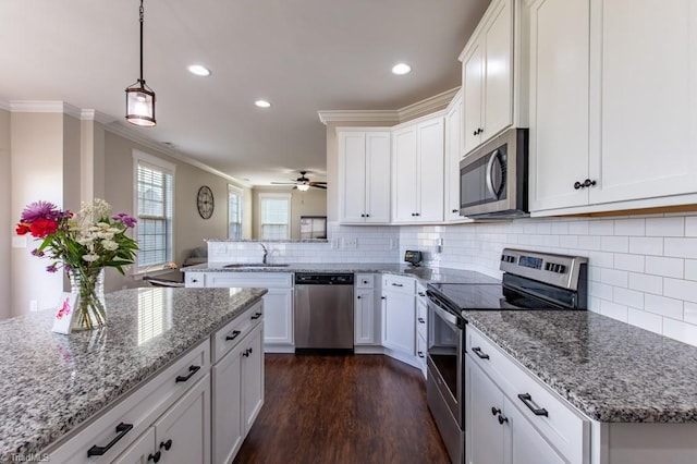 kitchen featuring dark wood finished floors, a peninsula, stainless steel appliances, crown molding, and a sink