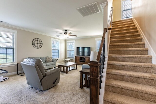 living room with stairway, visible vents, crown molding, and light carpet