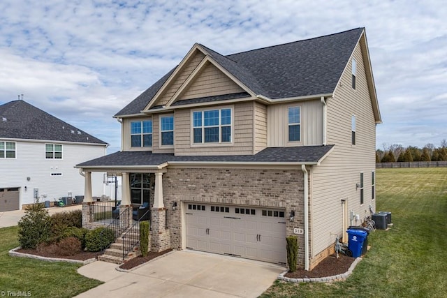 view of front of home featuring driveway, a garage, central air condition unit, a front lawn, and brick siding