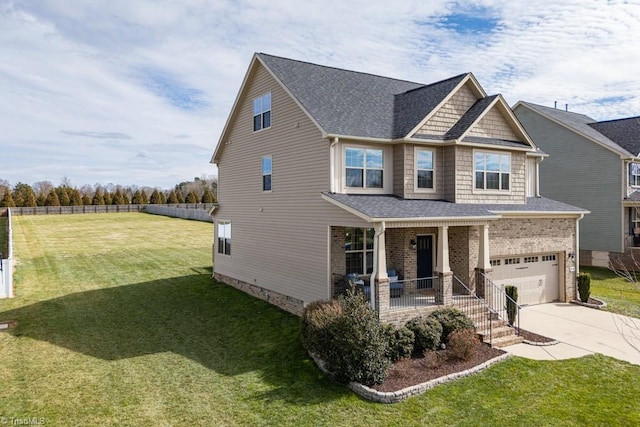 craftsman-style home with brick siding, covered porch, concrete driveway, a garage, and a front lawn