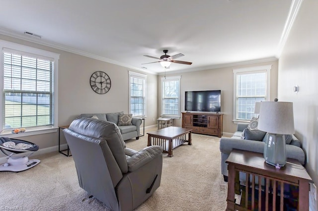 living room featuring light carpet, baseboards, visible vents, and crown molding