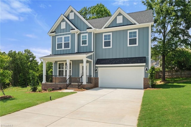 5421 High Valley Ln, Winston-Salem, NC 27104 - craftsman-style house with board and batten siding, covered porch, driveway, a shingled roof, and a garage