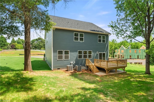 5421 High Valley Ln, Winston-Salem, NC 27104 - rear view of house featuring a deck, a lawn, and crawl space