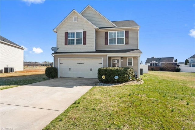 view of front of home featuring a garage, concrete driveway, central AC, and a front lawn