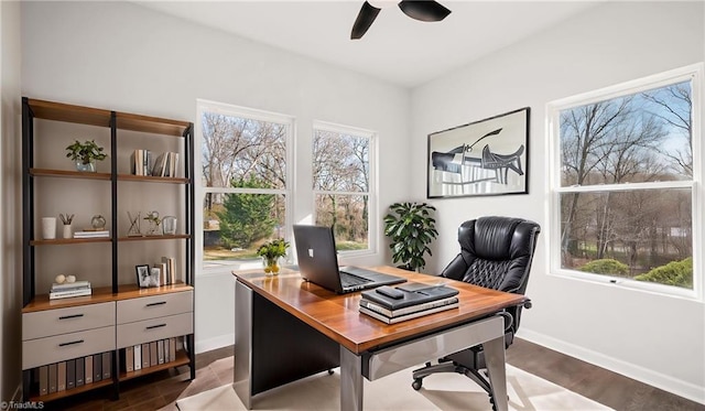 office space featuring ceiling fan, dark wood-type flooring, and a wealth of natural light