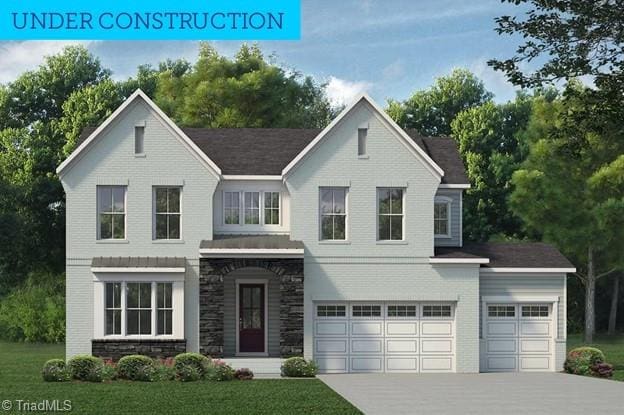 view of front of house with concrete driveway, brick siding, stone siding, and a front lawn