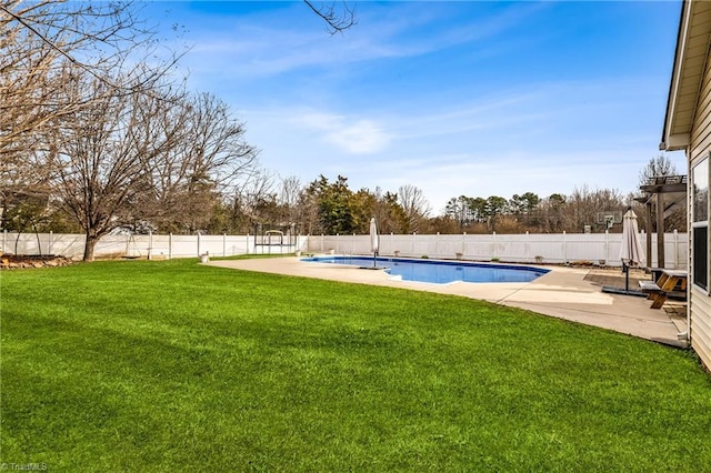 view of swimming pool with a pergola, a yard, and a patio area