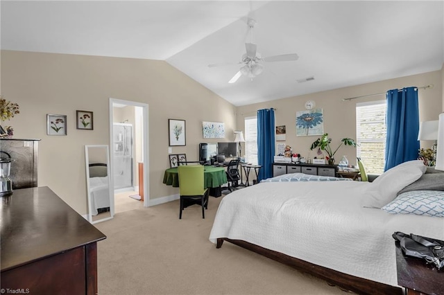 3502 Quarry Ct, High Point, NC 27265 - bedroom featuring lofted ceiling, light colored carpet, ensuite bathroom, ceiling fan, and an office area