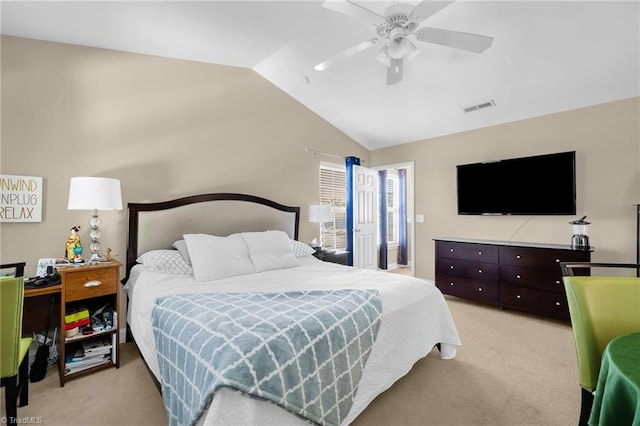 3502 Quarry Ct, High Point, NC 27265 - bedroom with light carpet, vaulted ceiling, and ceiling fan