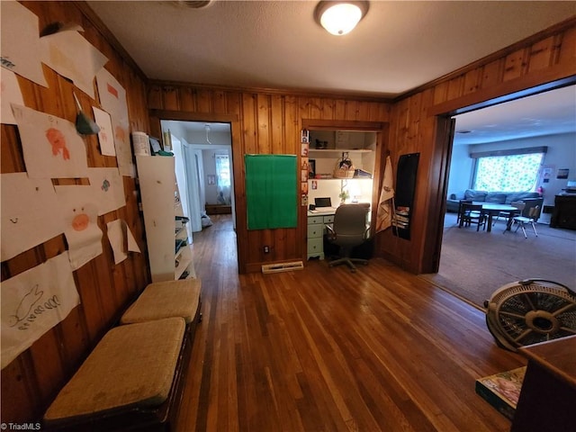 office with hardwood / wood-style floors and ornamental molding