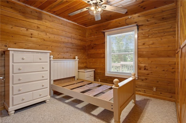 4962 Serenity Ln, Granite Falls, NC 28630 - bedroom with wooden ceiling, light colored carpet, and wooden walls