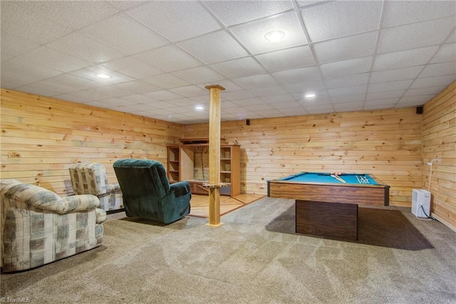 4962 Serenity Ln, Granite Falls, NC 28630 - recreation room featuring carpet flooring, a paneled ceiling, wooden walls, pool table, and recessed lighting