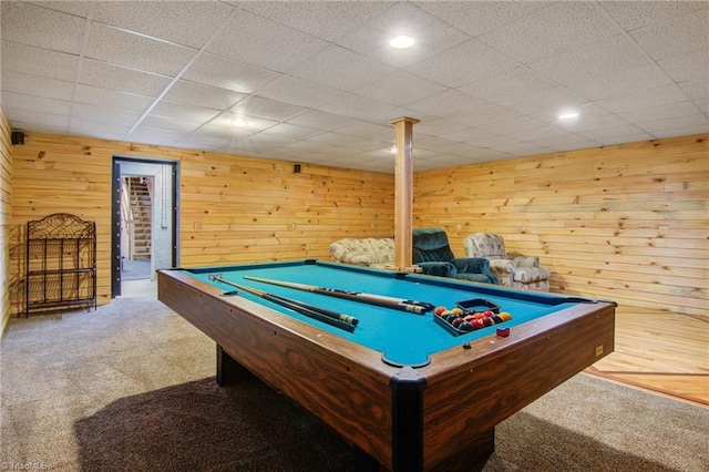 4962 Serenity Ln, Granite Falls, NC 28630 - playroom featuring carpet floors, wood walls, pool table, and recessed lighting