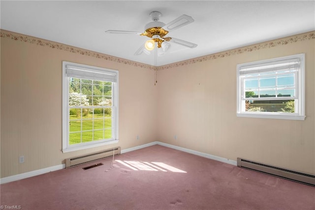 520 S Bunker Hill Rd, Colfax, NC 27235 - empty room featuring a baseboard radiator, a baseboard heating unit, carpet flooring, and a ceiling fan