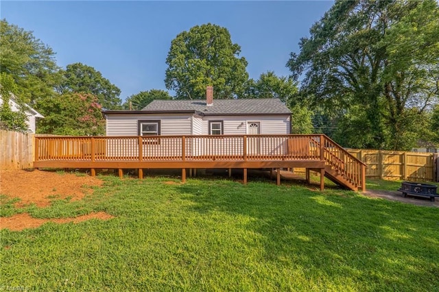 1908 Hilldale Dr, Burlington, NC 27215 - rear view of property featuring a fenced backyard, a wooden deck, a chimney, and a shingled roof