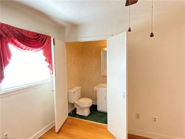 bathroom with hardwood / wood-style floors, vanity, and toilet