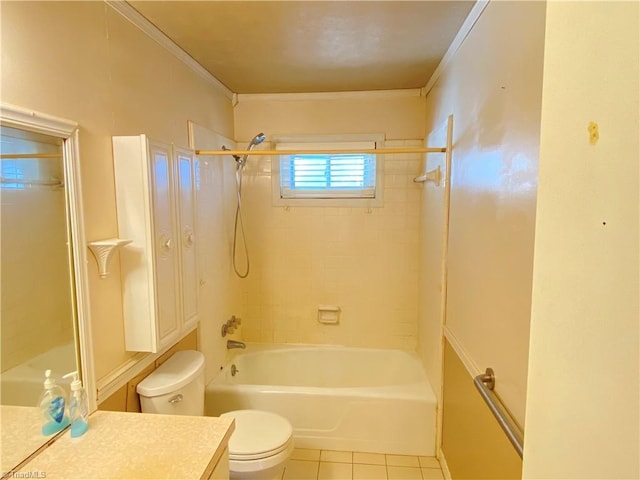 full bathroom with vanity, crown molding, tile patterned flooring, toilet, and tiled shower / bath