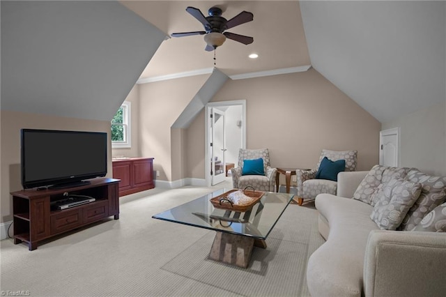 living room with lofted ceiling, light colored carpet, and ceiling fan