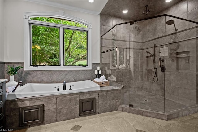 bathroom with plus walk in shower and crown molding