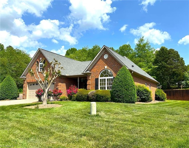 view of front facade featuring roof with shingles, driveway, a front lawn, and brick siding