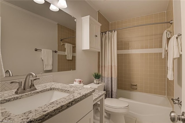 bathroom with shower / bath combo, vanity, toilet, and crown molding