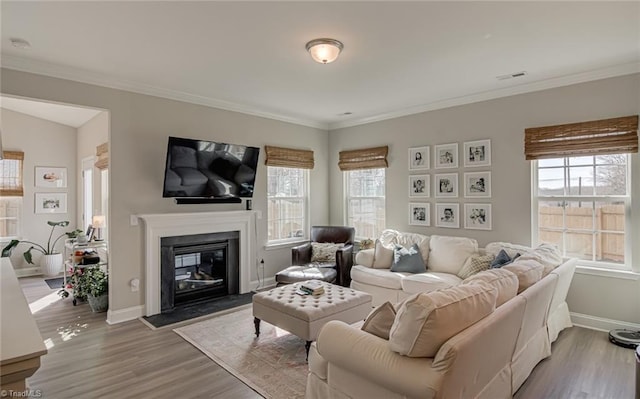 living area with a fireplace with flush hearth, ornamental molding, wood finished floors, and visible vents