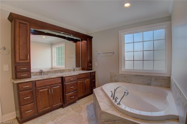 bathroom with ornamental molding, vanity, and tile patterned flooring