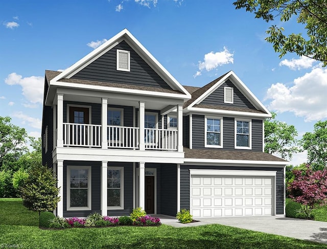 view of front facade with a balcony, a front lawn, and a garage