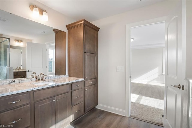 bathroom with wood-type flooring and vanity