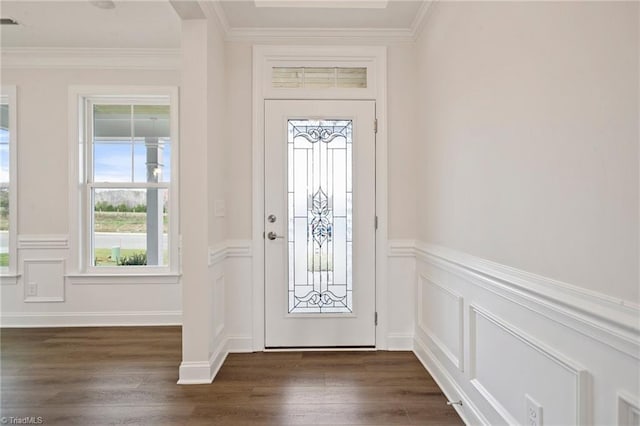 entrance foyer with crown molding and dark wood-type flooring