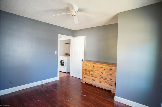 unfurnished bedroom featuring dark wood-type flooring, ceiling fan, and independent washer and dryer