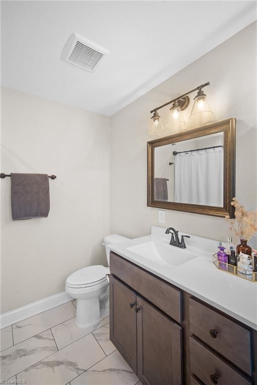 full bathroom featuring marble finish floor, visible vents, toilet, vanity, and baseboards