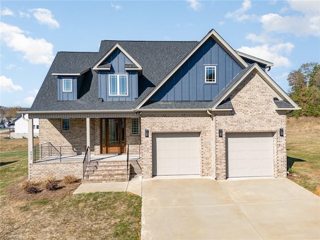 craftsman-style house featuring covered porch, board and batten siding, brick siding, concrete driveway, and an attached garage