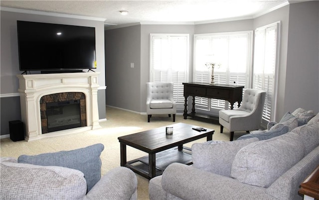 living room featuring light carpet and ornamental molding