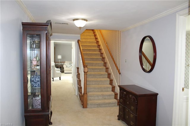 stairs featuring crown molding and carpet floors