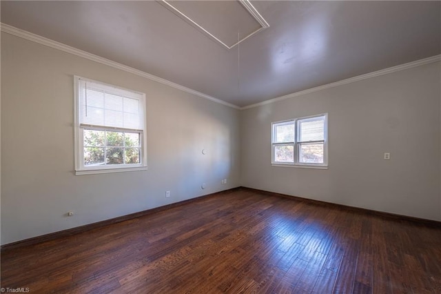 spare room featuring dark hardwood / wood-style flooring and ornamental molding