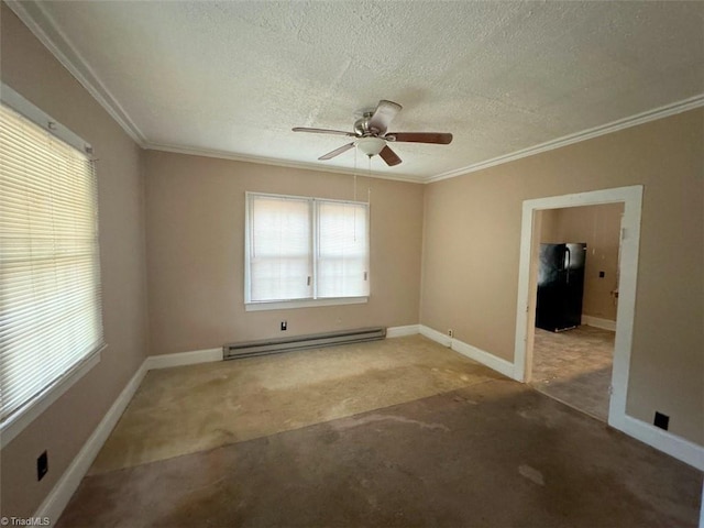 unfurnished room with ceiling fan, baseboard heating, ornamental molding, and plenty of natural light