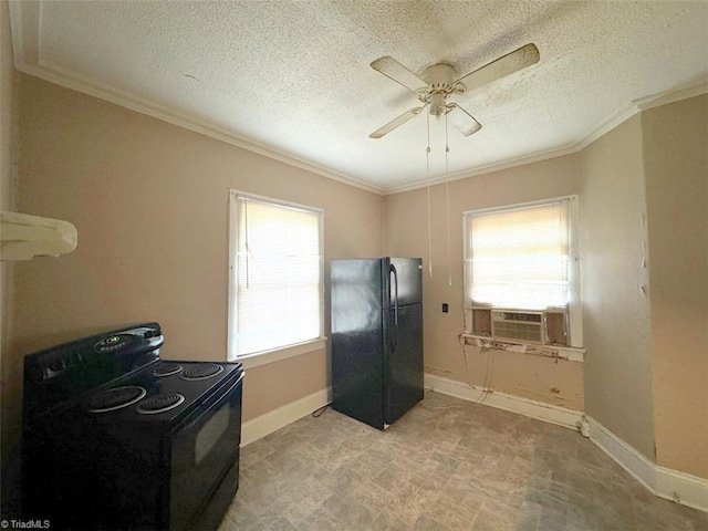 kitchen with ceiling fan, ornamental molding, black appliances, and plenty of natural light