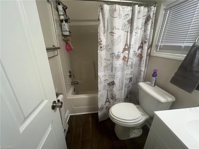 full bathroom with toilet, vanity, shower / bath combination with curtain, and hardwood / wood-style flooring