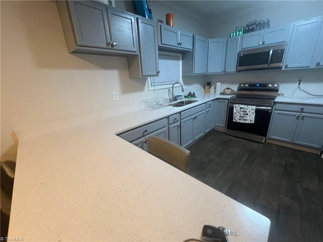 kitchen with dark hardwood / wood-style flooring, stainless steel appliances, gray cabinets, and sink