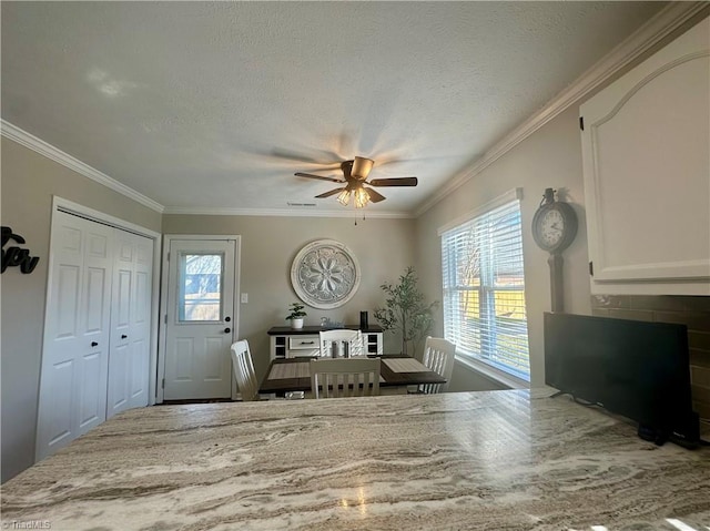 entryway featuring ceiling fan, crown molding, and a healthy amount of sunlight