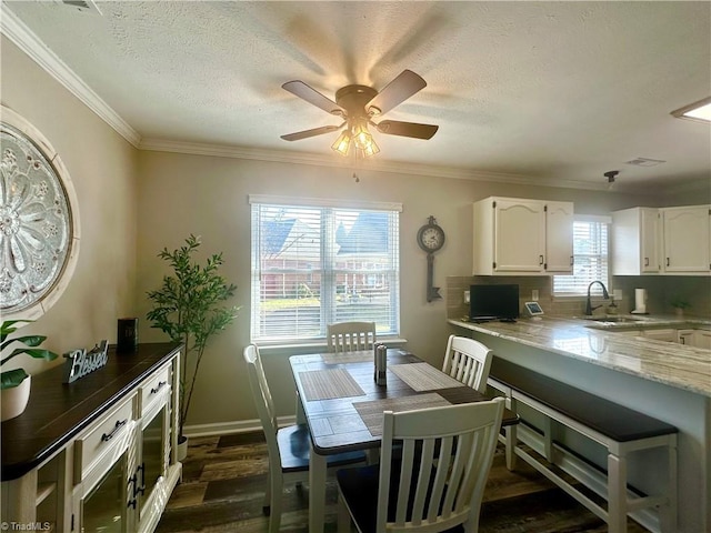 dining room featuring dark wood-style floors, a textured ceiling, baseboards, and crown molding