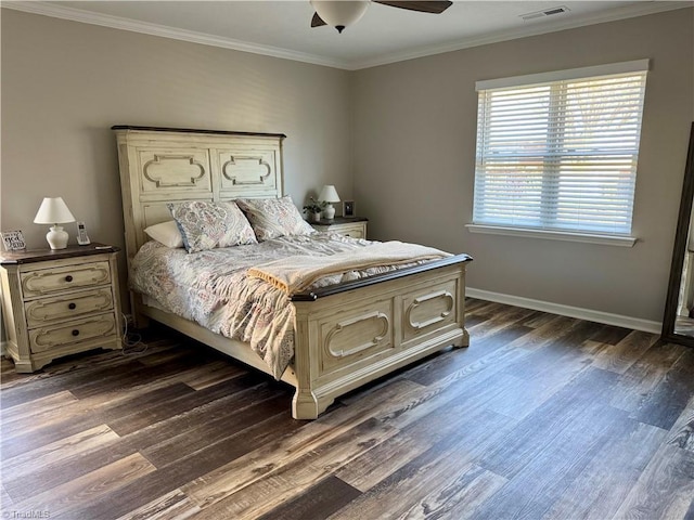 bedroom with dark wood-style flooring, visible vents, ornamental molding, ceiling fan, and baseboards