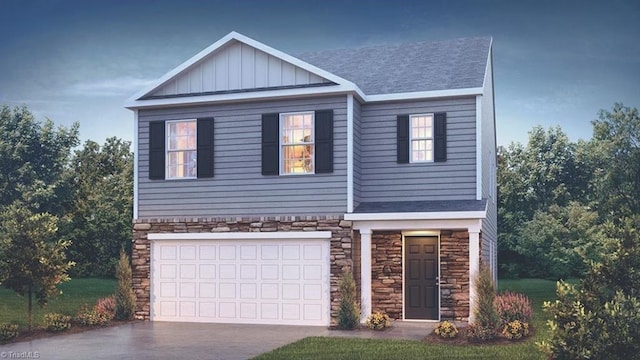 view of front of home featuring stone siding, board and batten siding, driveway, and a garage