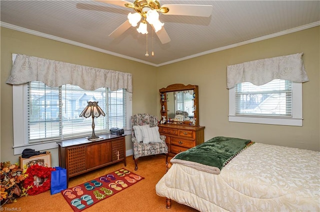 carpeted bedroom featuring multiple windows, a ceiling fan, and ornamental molding