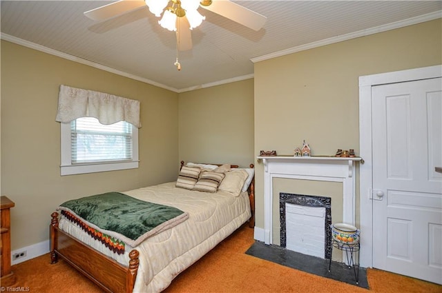 carpeted bedroom with a fireplace with flush hearth, baseboards, ceiling fan, and ornamental molding