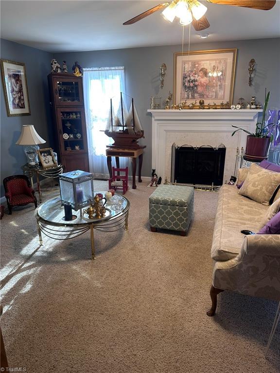 living room featuring carpet, ceiling fan, and a premium fireplace