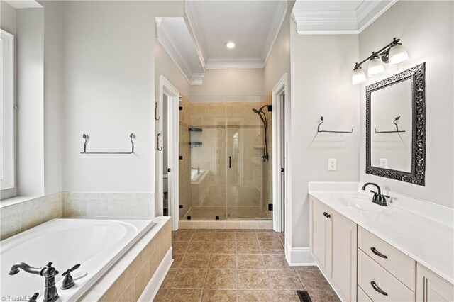 bathroom with vanity, plus walk in shower, crown molding, and tile patterned floors