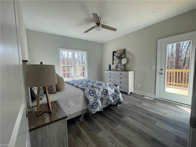 bedroom with a ceiling fan, baseboards, dark wood finished floors, recessed lighting, and access to exterior